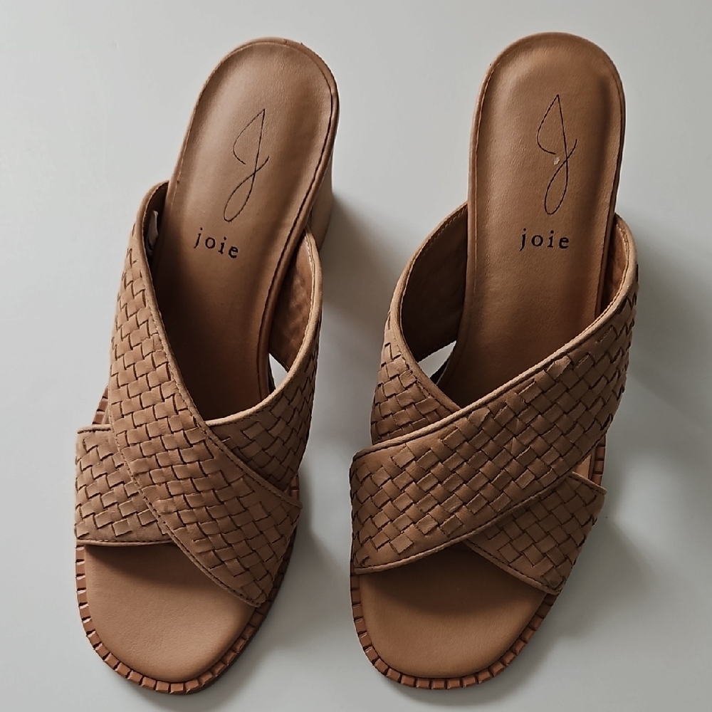 Joie Womens 8.5 Leather Sandal Woven Crossband Block 3in Stacked Heel Tan